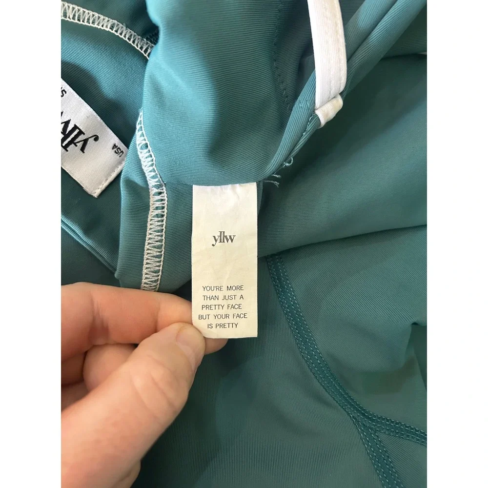 YLLW Teal Blue Active Romper Womens Size S Biker Bodysuit Piping - Picture 16 of 16